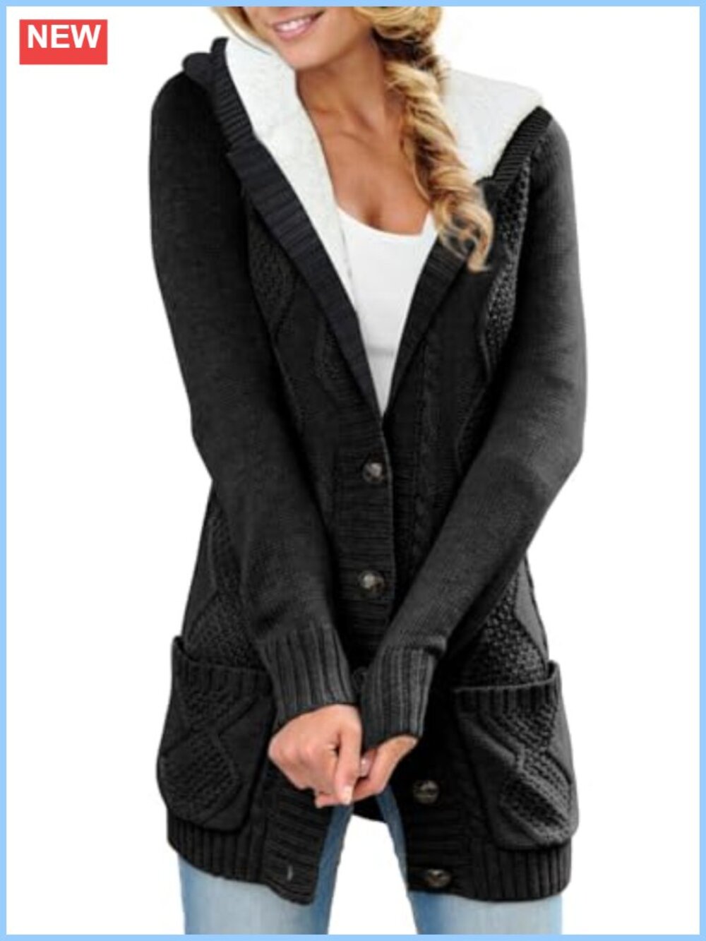 Cable Knit Fleece Lined Hooded Cardigan Sweater with Pockets